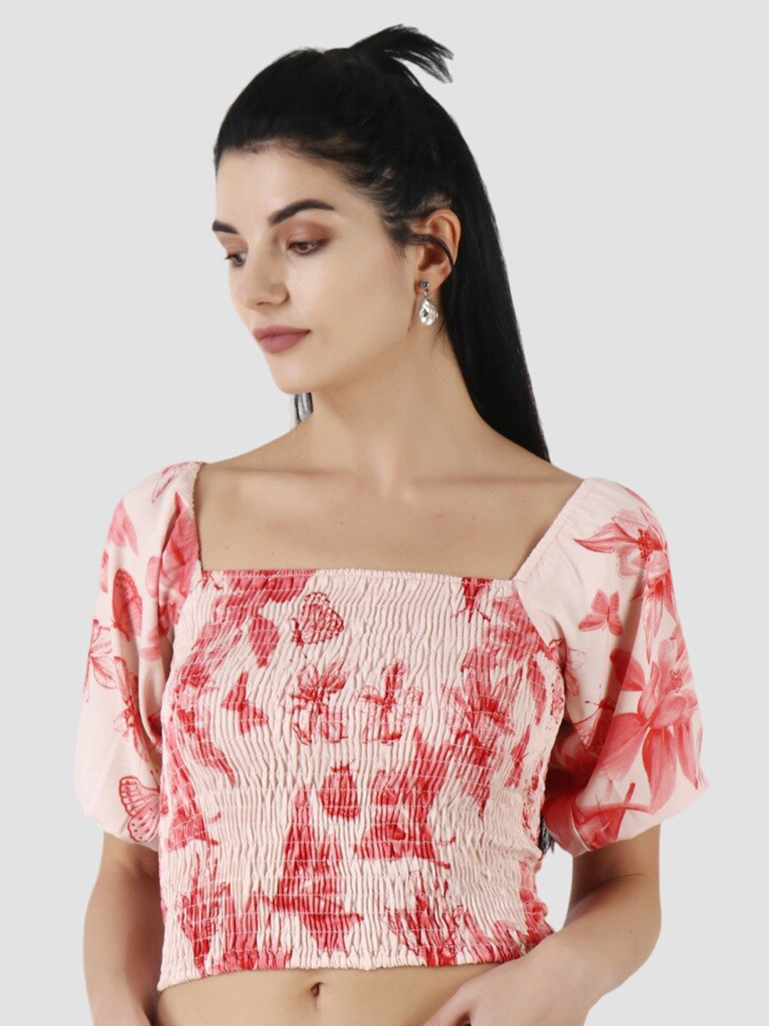 Popwings Floral Printed Puff Sleeve Smoked Crop Top