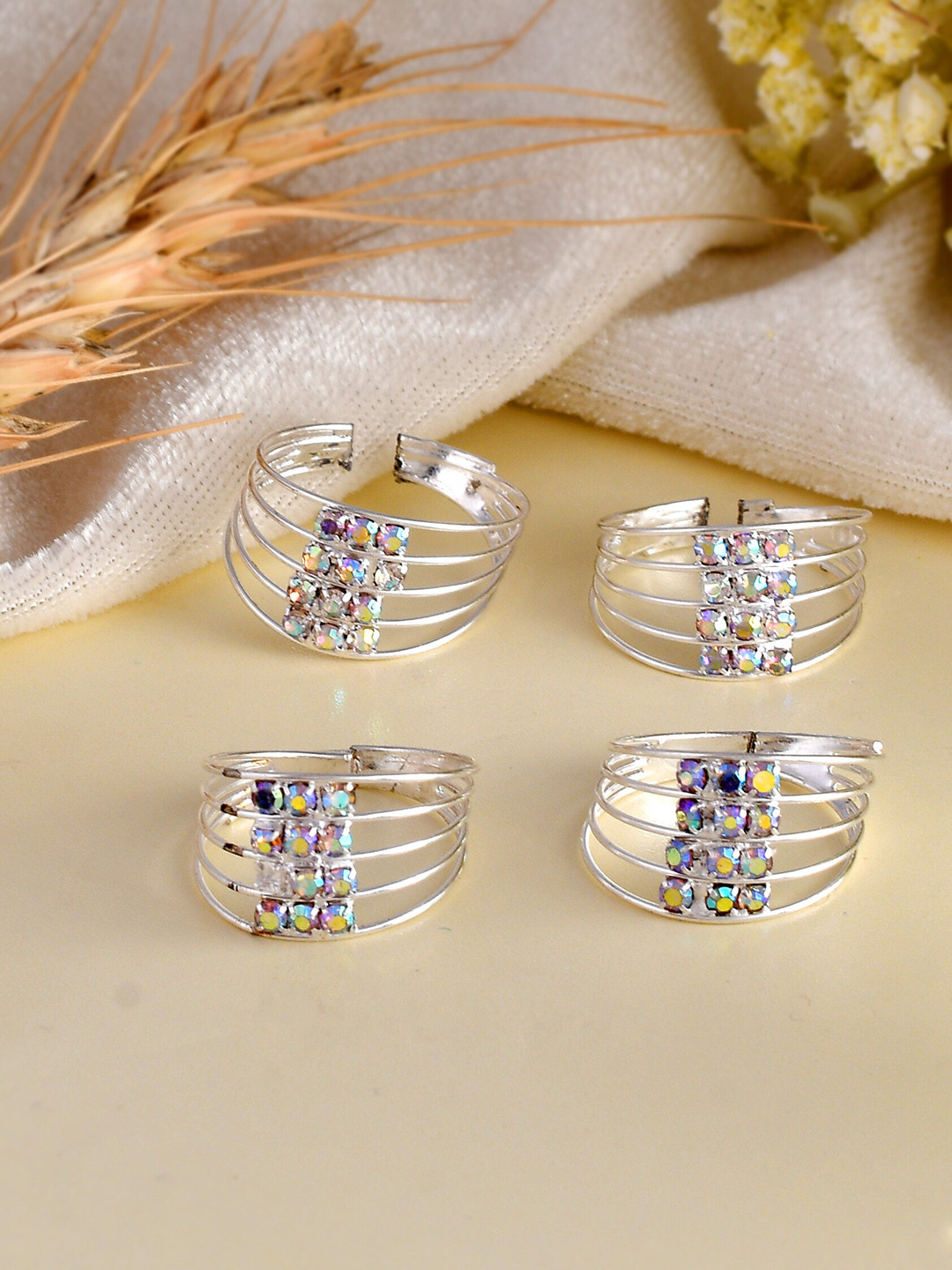 Silvermerc Designs Set Of 4 Silver-Plated CZ-Studded Toe Rings