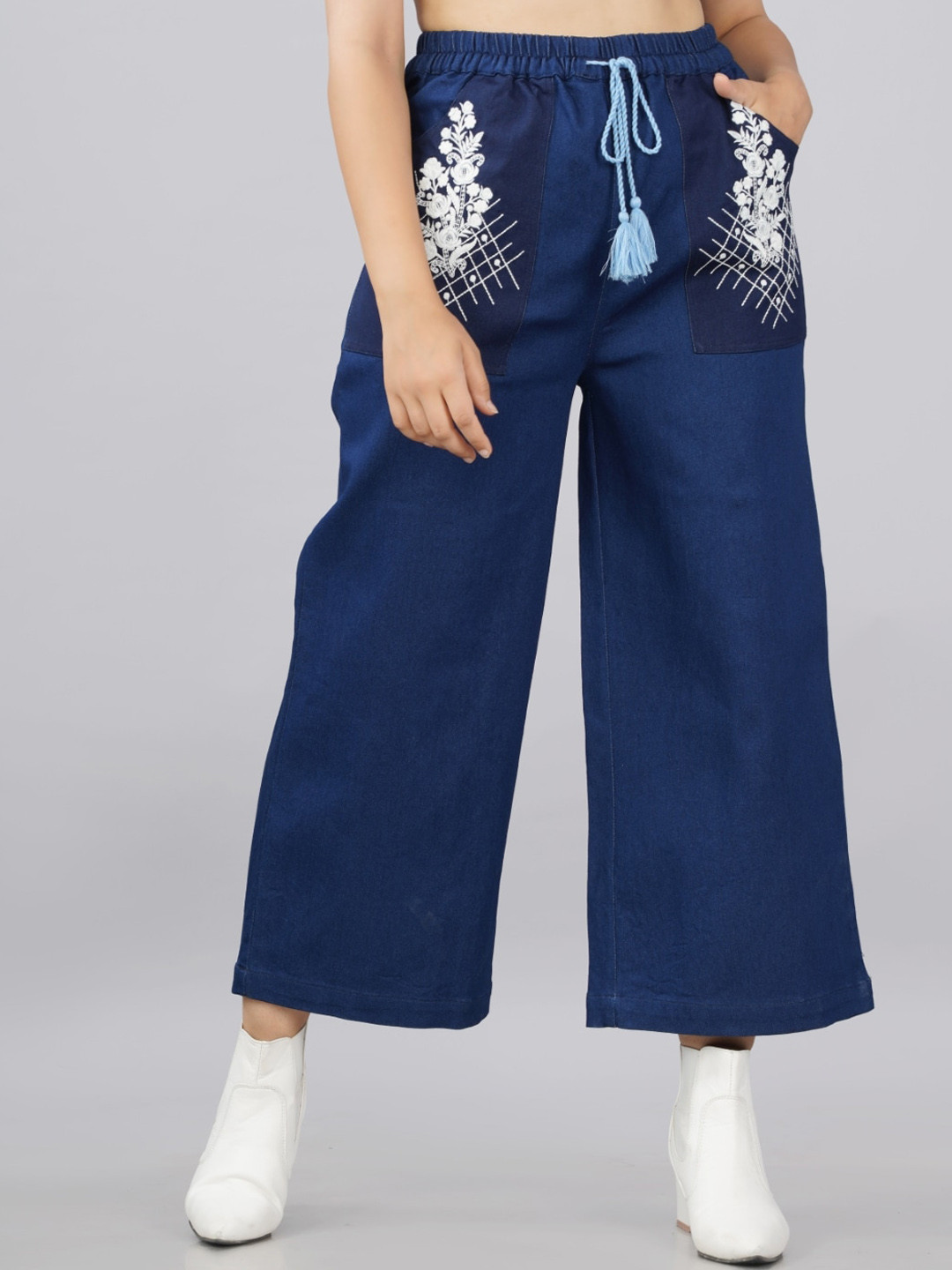 SUMAVI-FASHION Women Organic Cotton Embroidered Culottes Trousers