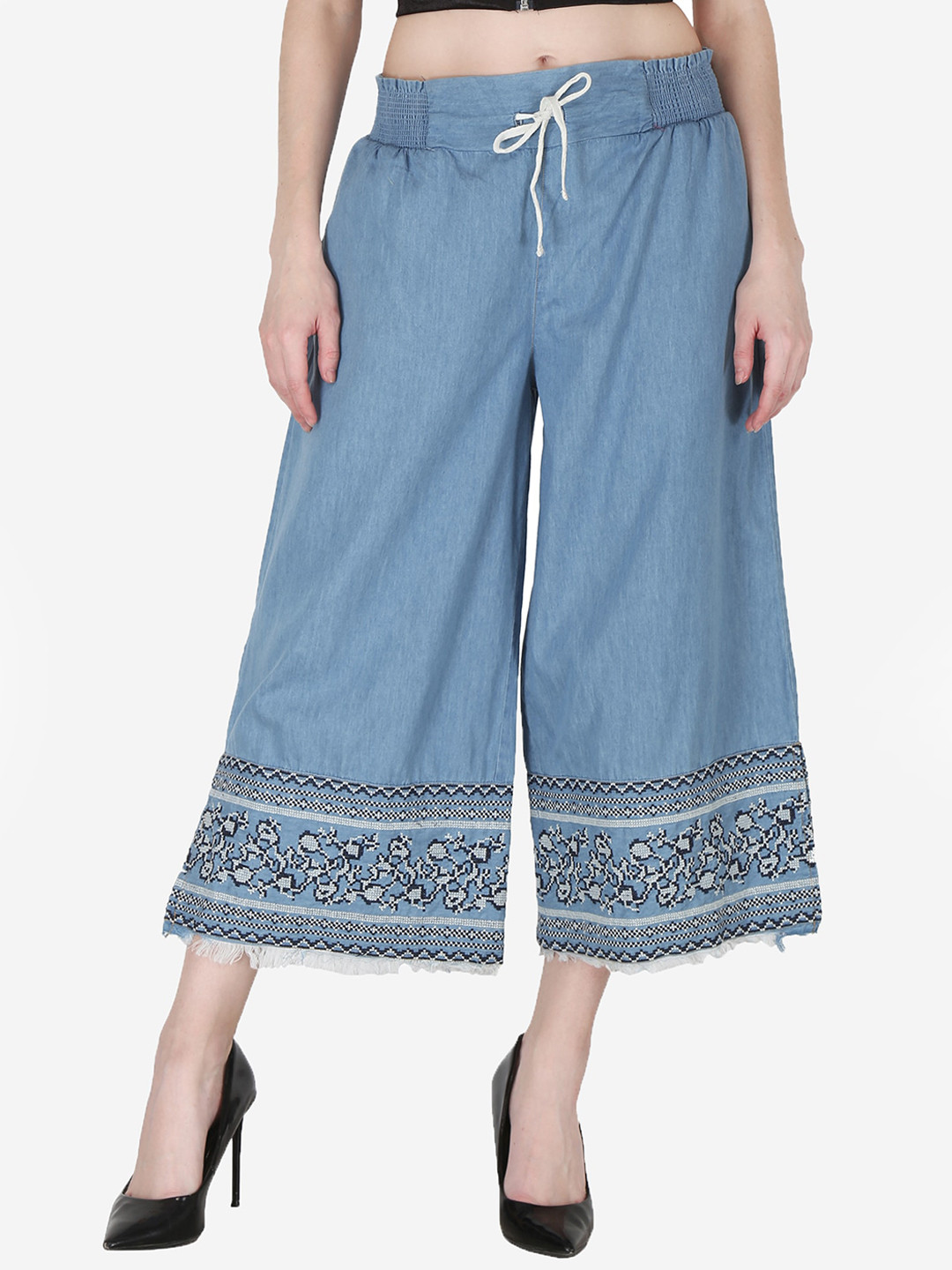 SUMAVI-FASHION Women Organic Cotton Geometric Embroidered Denim Culottes Trousers