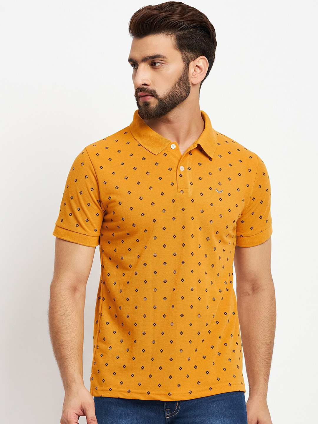 VERO AMORE Micro Ditsy Printed Polo Collar Cotton T-Shirt