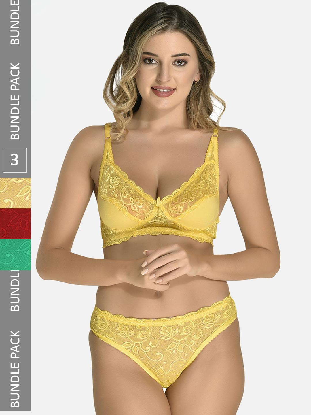StyFun Pack Of 3 Self Design Lace Lingerie Set- LS_Iten_Set_YellowGreenMaroon_B