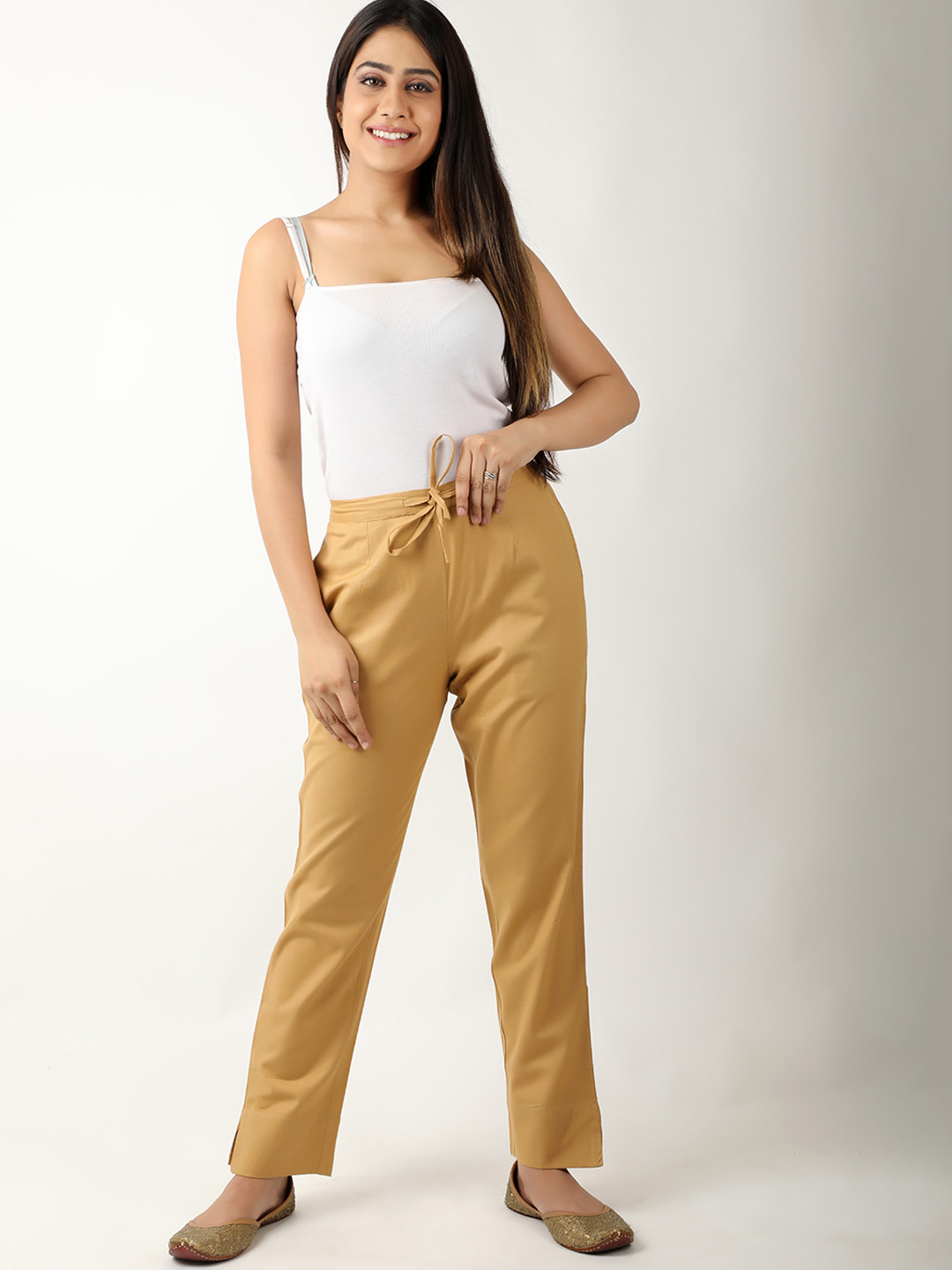 Sangria Women Beige Mid-Rise Original Plain Cotton Peg Trousers