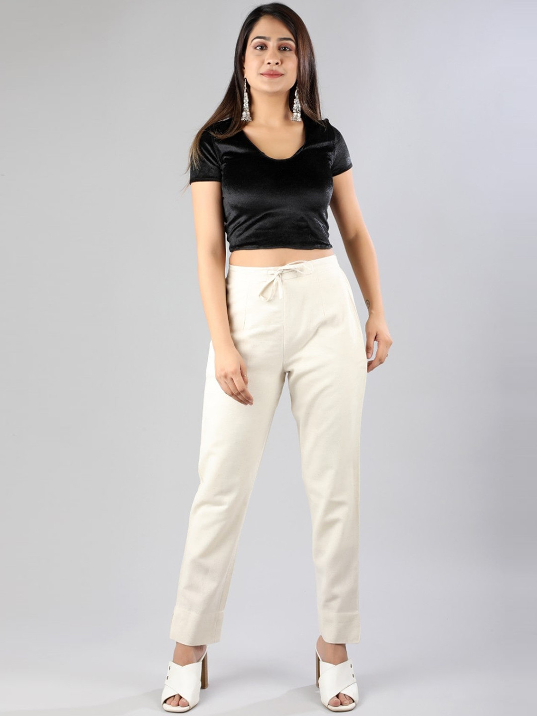 Sangria Women White Mid-Rise Original Plain Cotton Peg Trousers