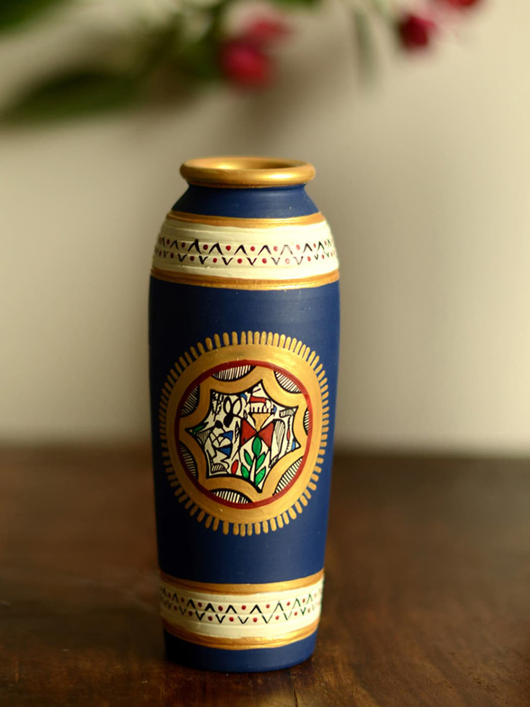ExclusiveLane Blue & Beige Warli Art Terracotta Tapered Shape Vase