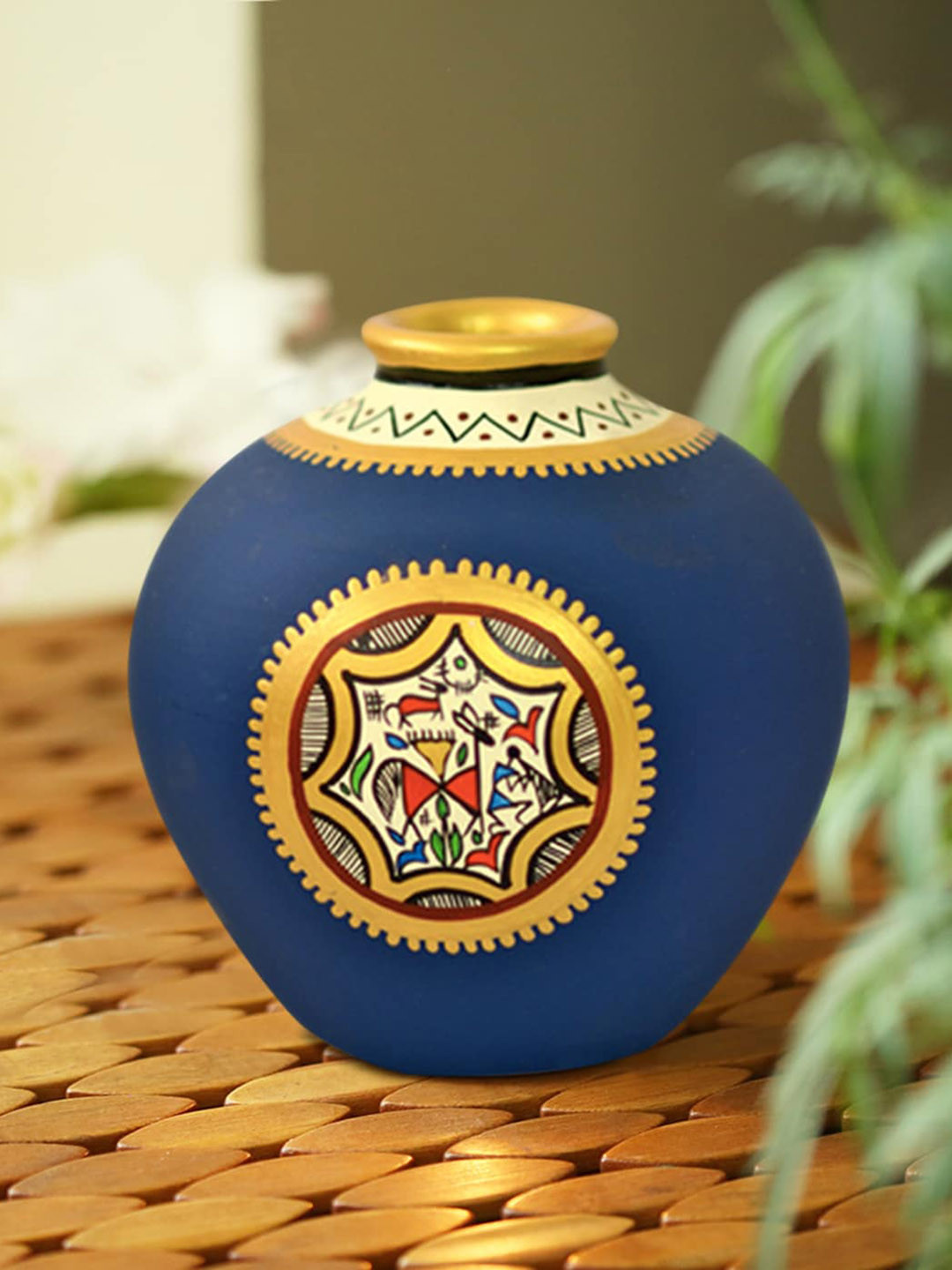 ExclusiveLane Blue & Yellow Printed Warli Matki Shaped Vase