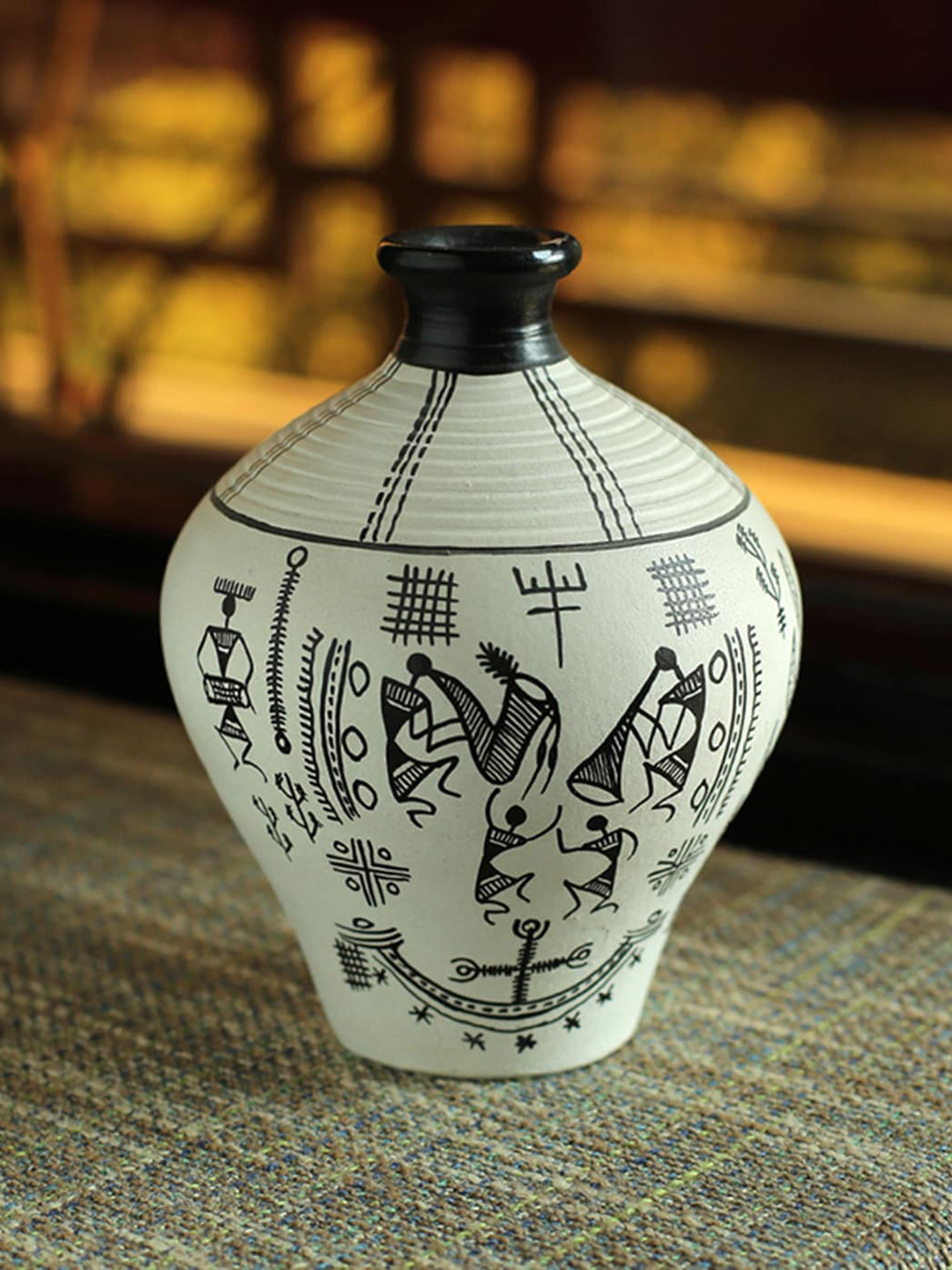 ExclusiveLane White & Black Warli Art Terracotta Matki Shape Vase