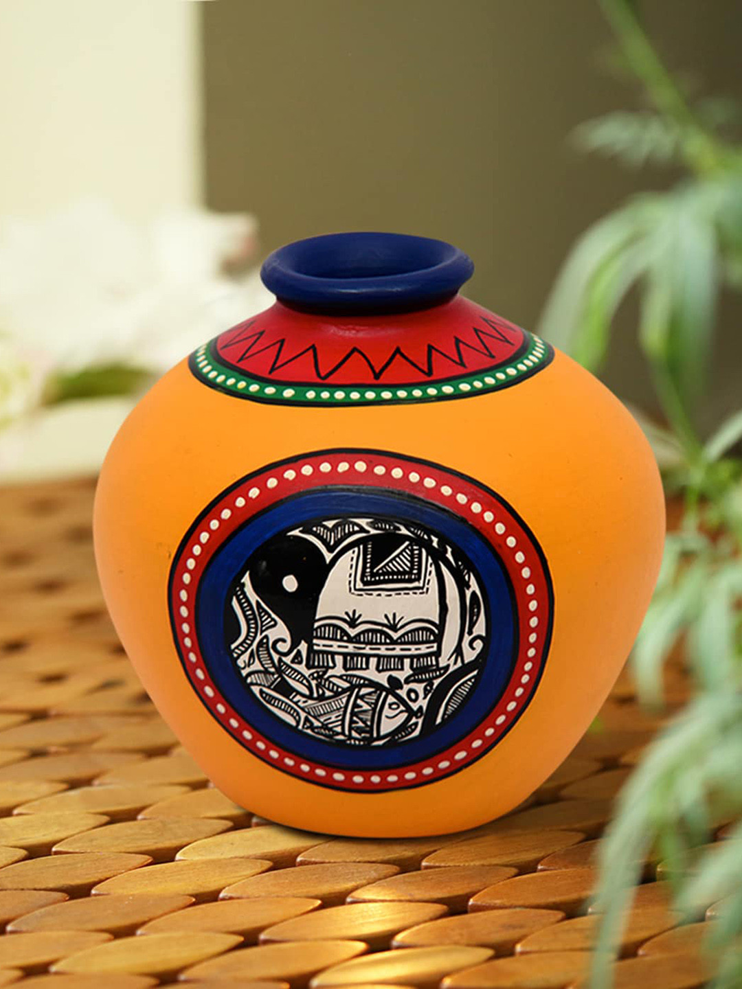 ExclusiveLane Yellow & Blue Printed Matki Shaped Vase