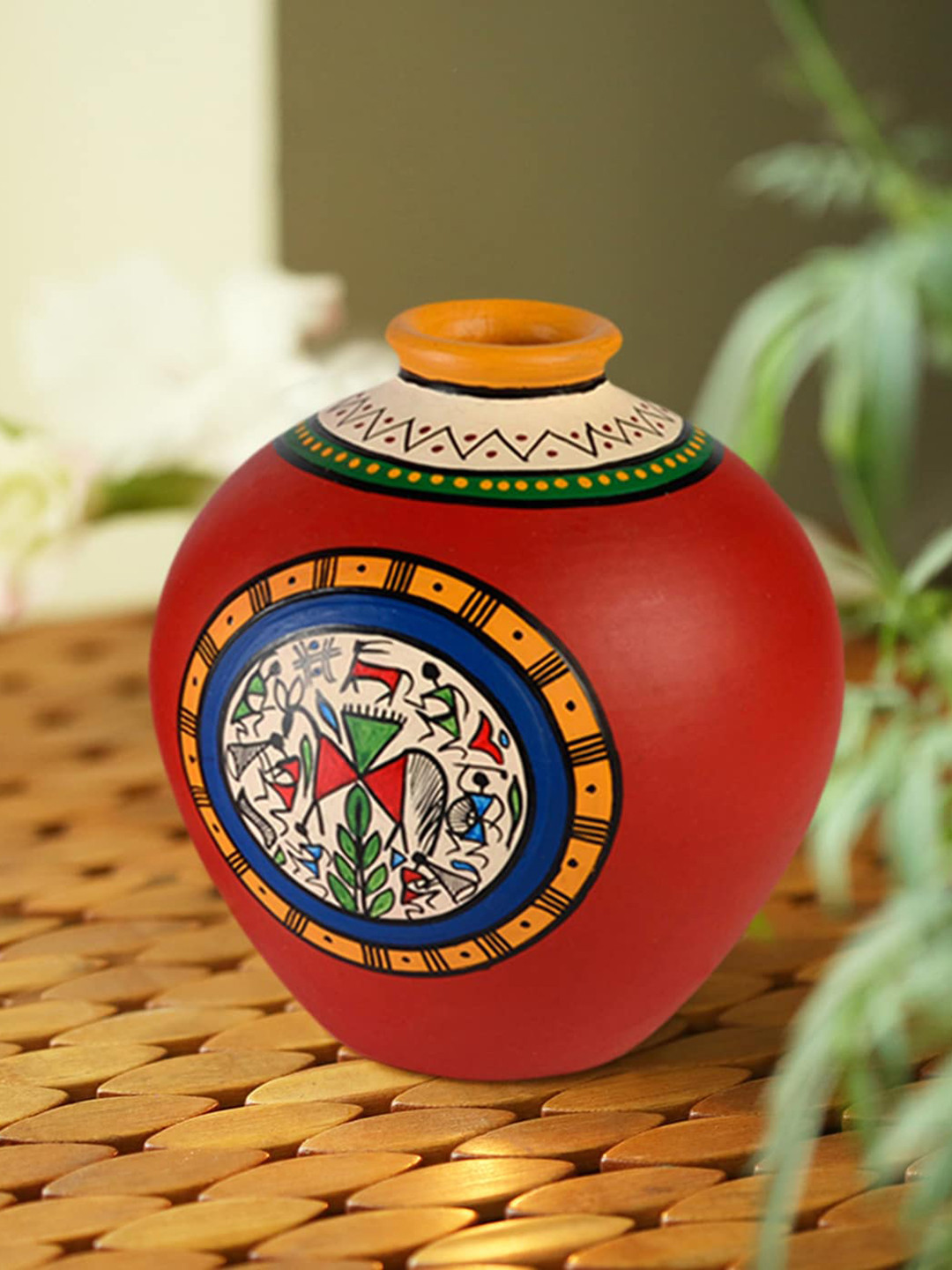 ExclusiveLane Red & Yellow Warli Art Terracotta Matki Shape Vase