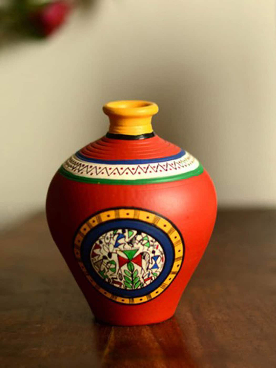 ExclusiveLane Red & Yellow Printed Warli Matki Shaped Vase