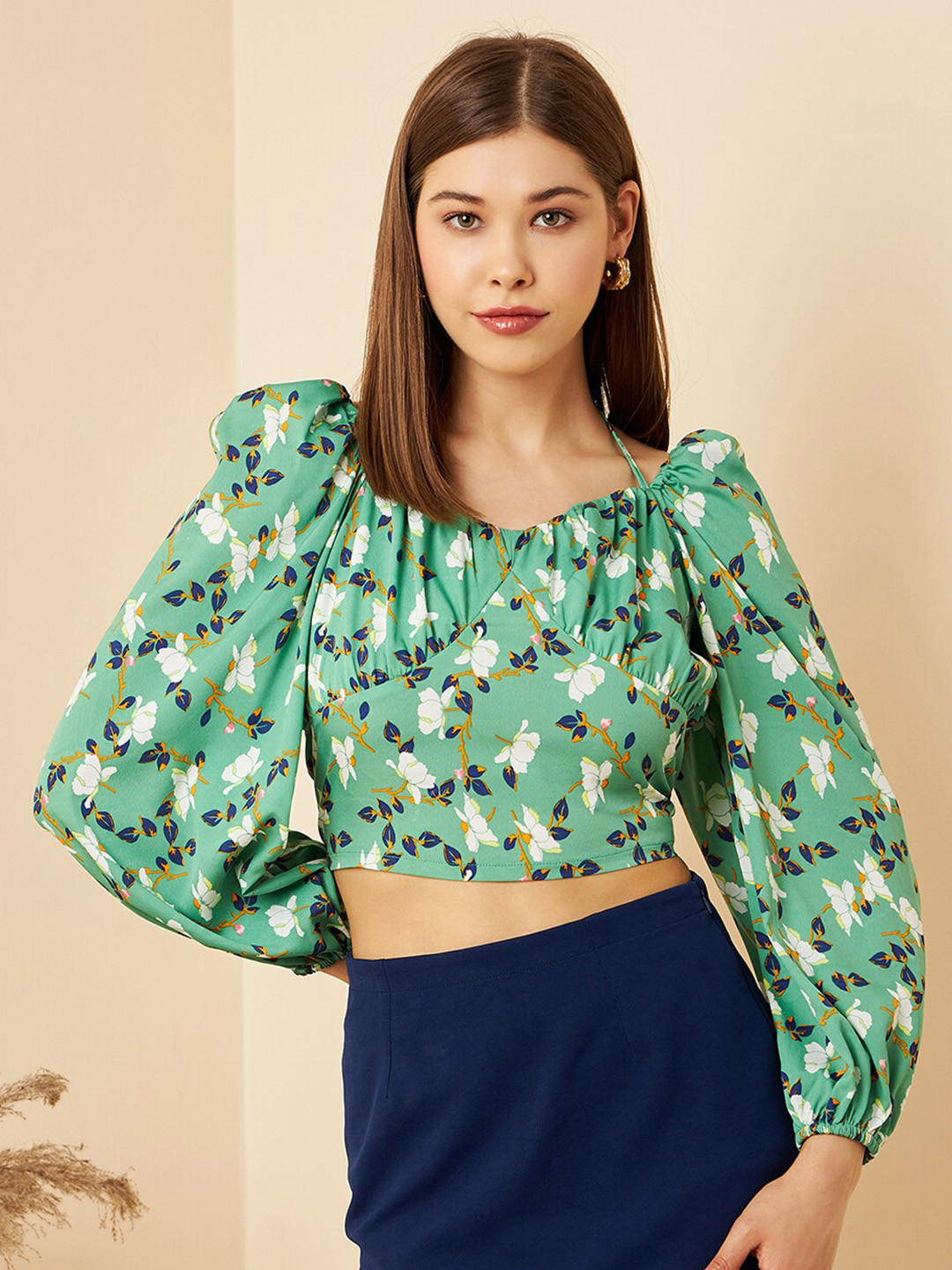 Green & White Floral Puff Sleeve Crop Top