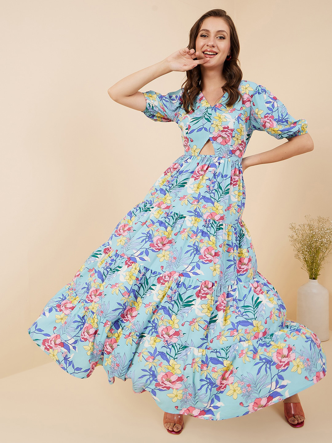 RARE Turquoise Blue Floral Printed Tiered Maxi Fit & Flare Dress