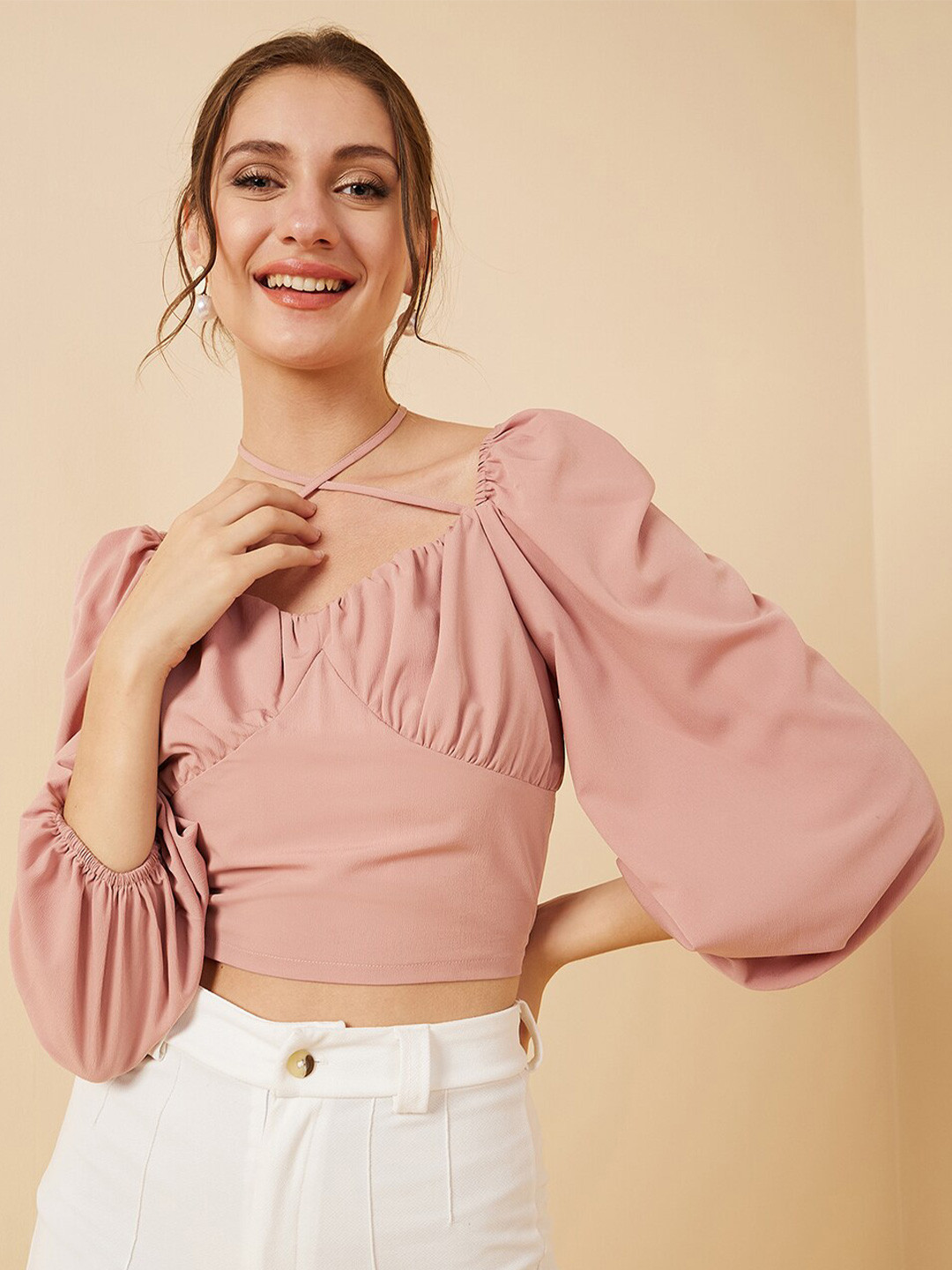 Peach Gathered Puff Sleeve Scoop Neck Crop Top