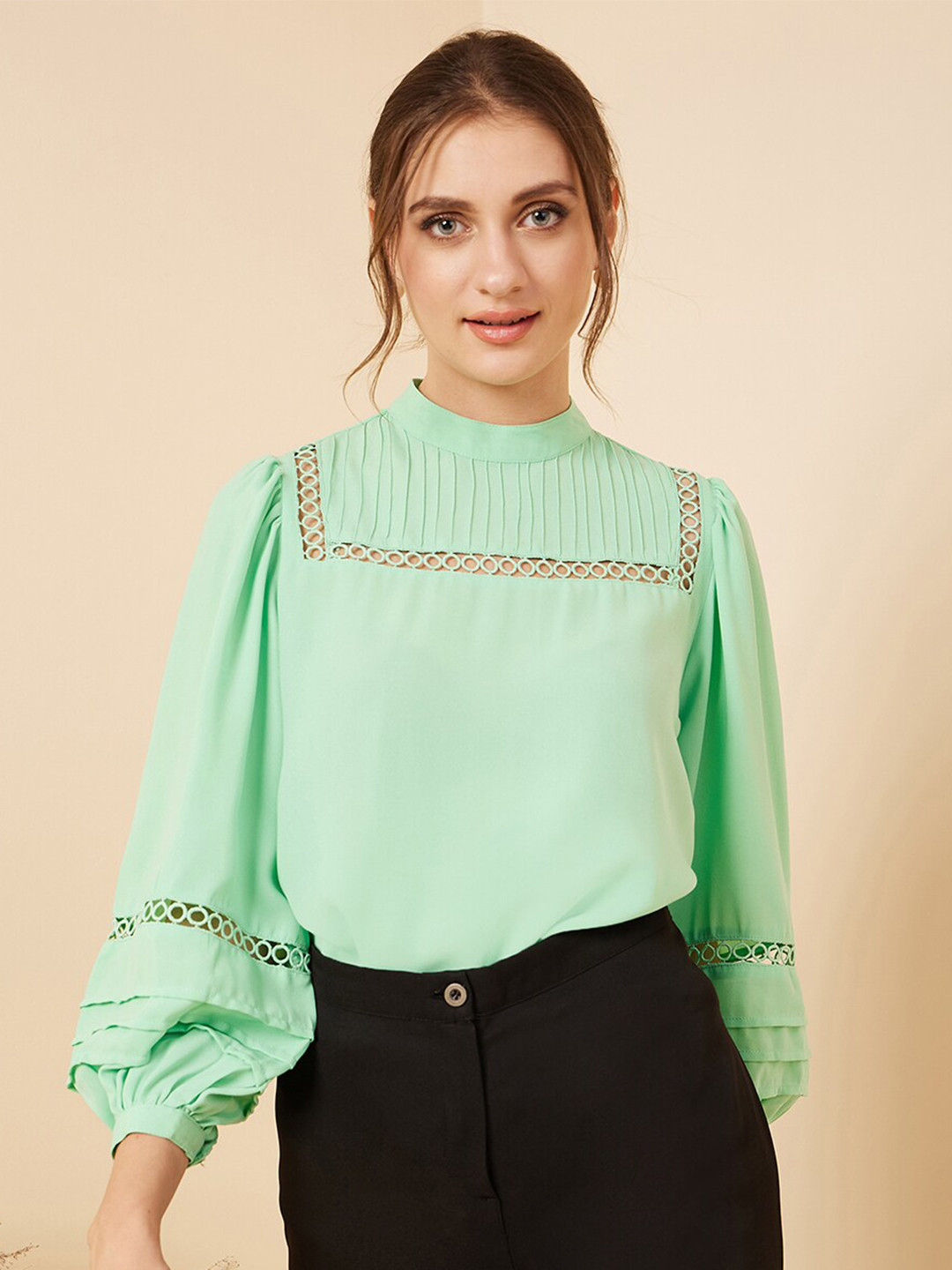 RARE Green Lace Inserted Bishop Sleeves High Neck Regular Top