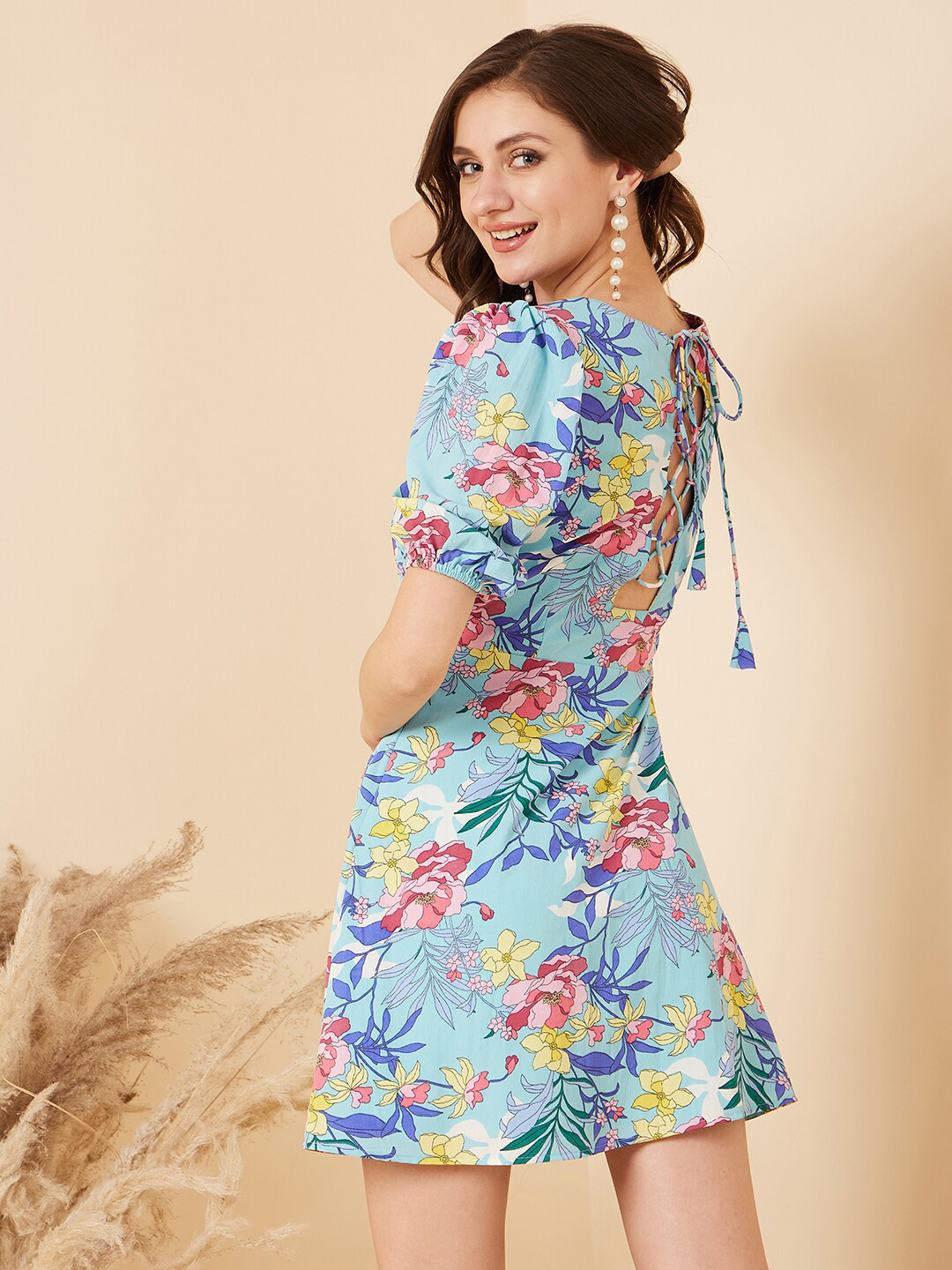 RARE Blue Floral Printed A-Line Puff Sleeves Mini Dress