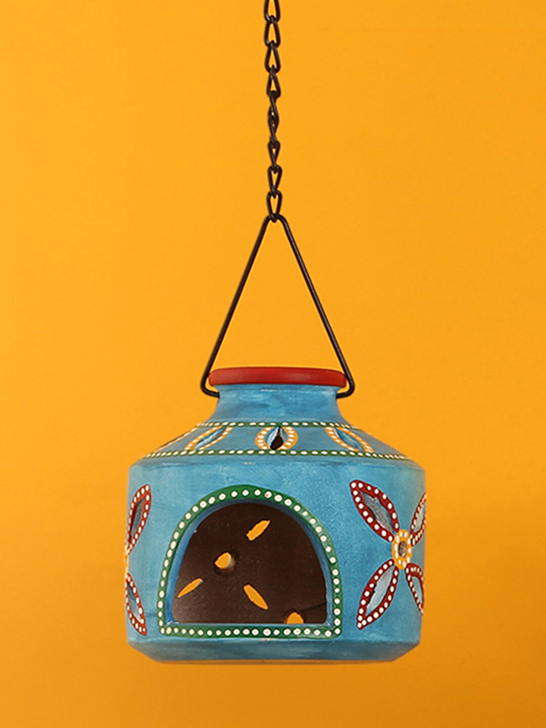 ExclusiveLane Blue Printed The Glowing Matki Terracotta Hanging Tea-Light Holder