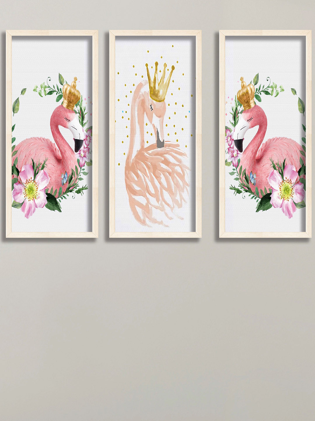 SAF 3-Pcs White & Pink Flamingo UV Textured Premium Framed Wall Painting