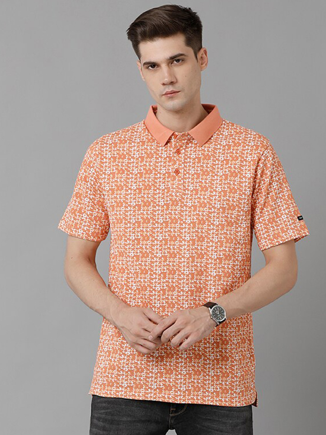 Voi Jeans Abstract Printed Polo Collar Cotton T-shirt