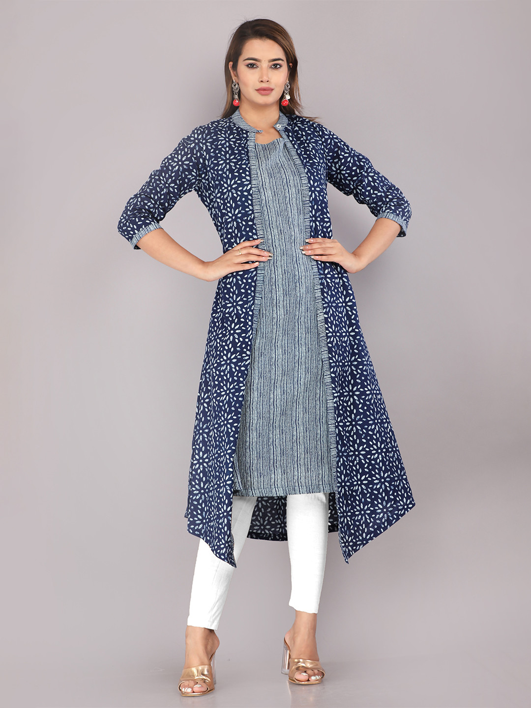 KANNAHI Women Geometric Printed Band Collar Cotton A-Line Kurta With Shrug