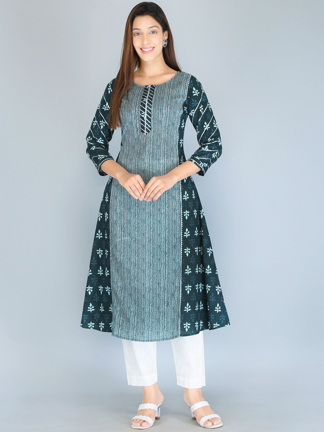 KANNAHI Ethnic Thread Work Block Printed Pure Cotton A-line Kurta