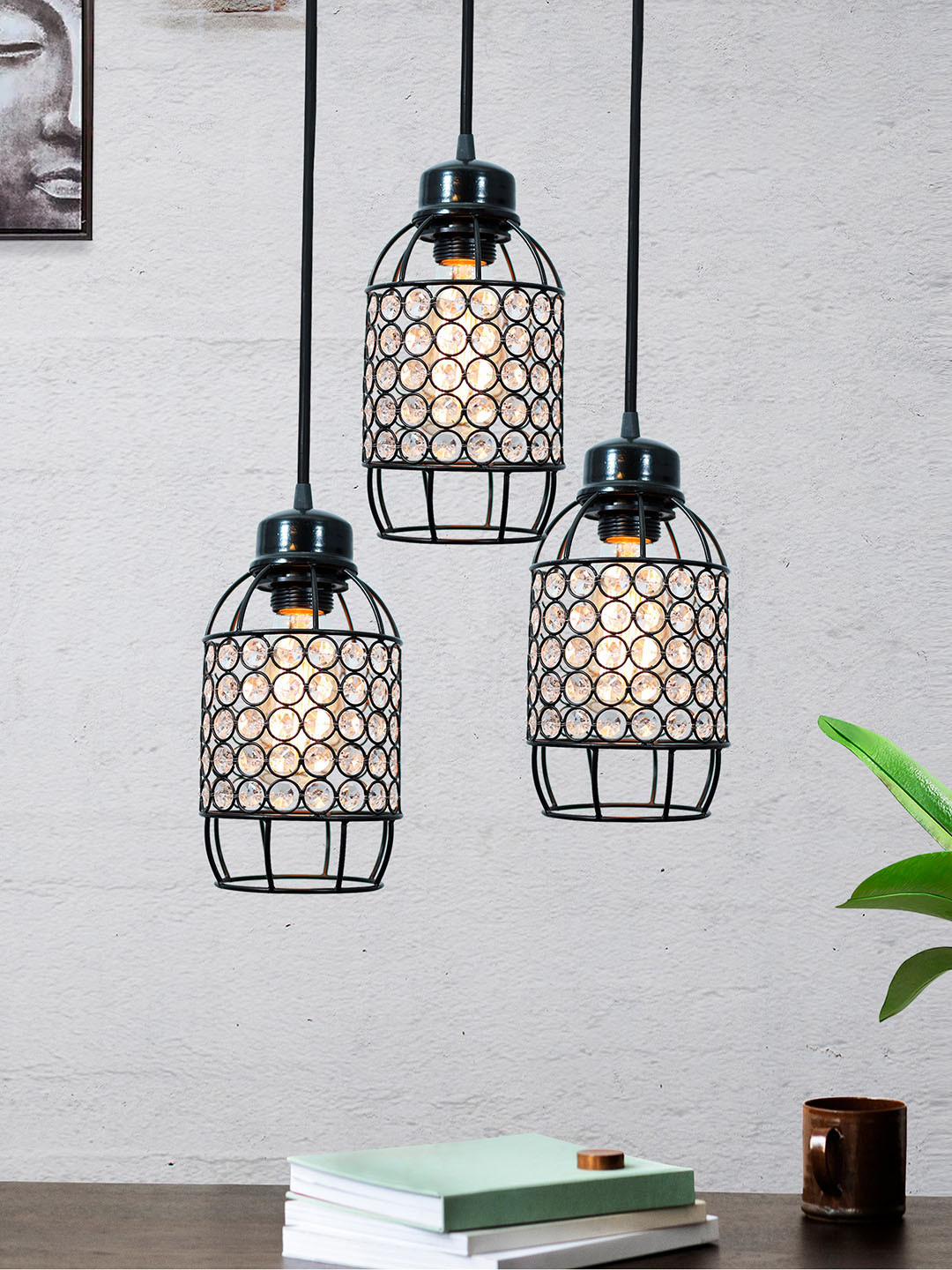 Homesake Black Textured 3-Lights Round Cluster Chandelier Hanging Pendant Lamp