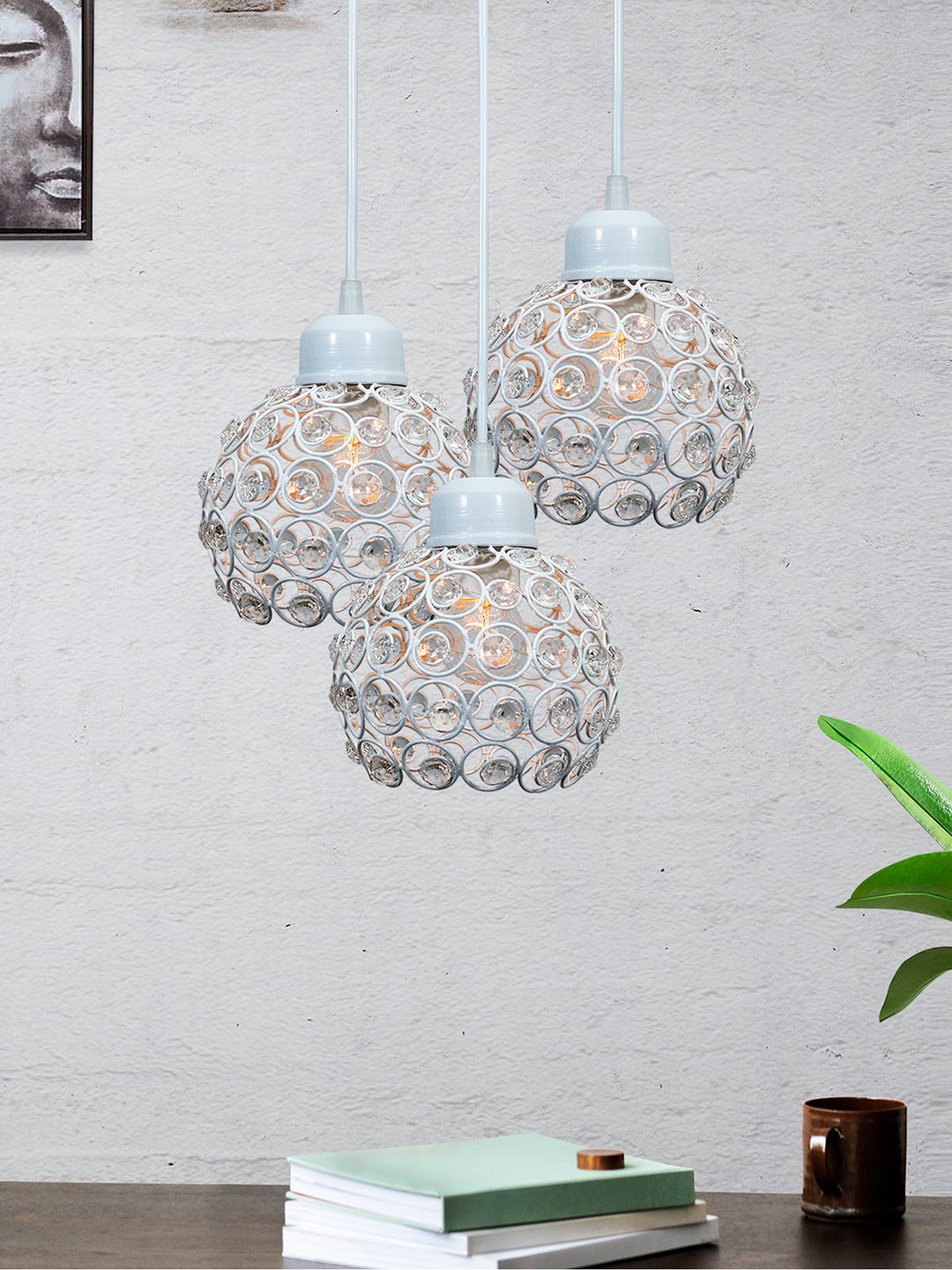 Homesake White Textured 3-Lights Round Cluster Chandelier Hanging Pendant Lamp