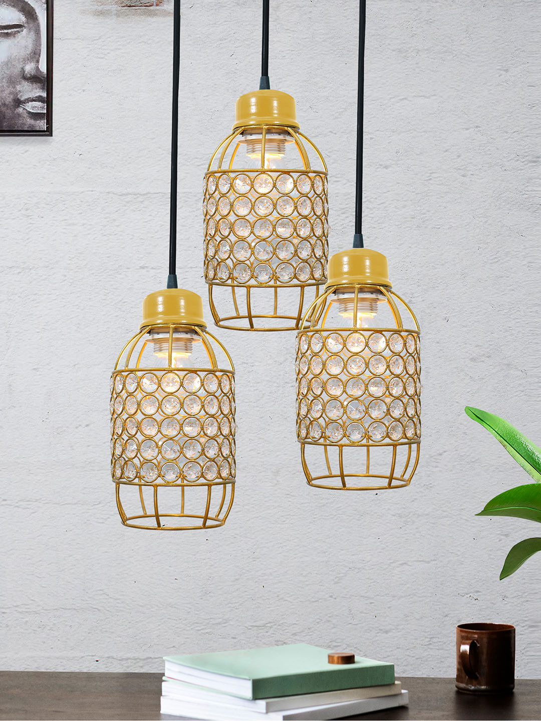Homesake Golden Textured 3-Lights Round Cluster Chandelier Hanging Pendant Lamp