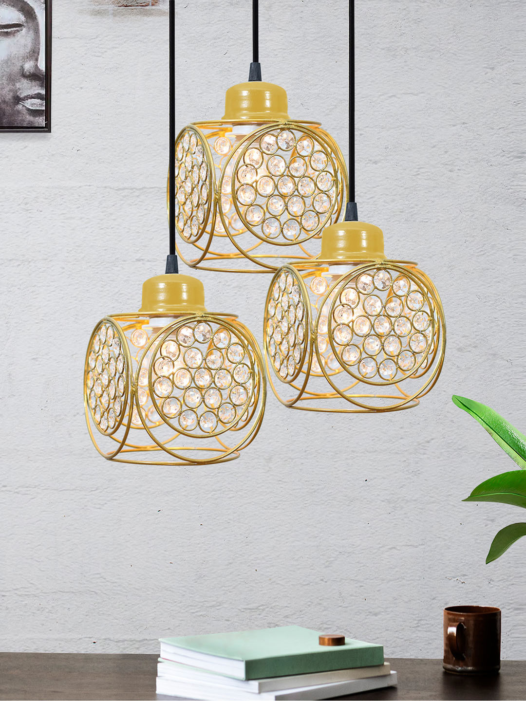 Homesake Gold Toned Textured 3-Lights Round Cluster Chandelier Hanging Pendant Lamp