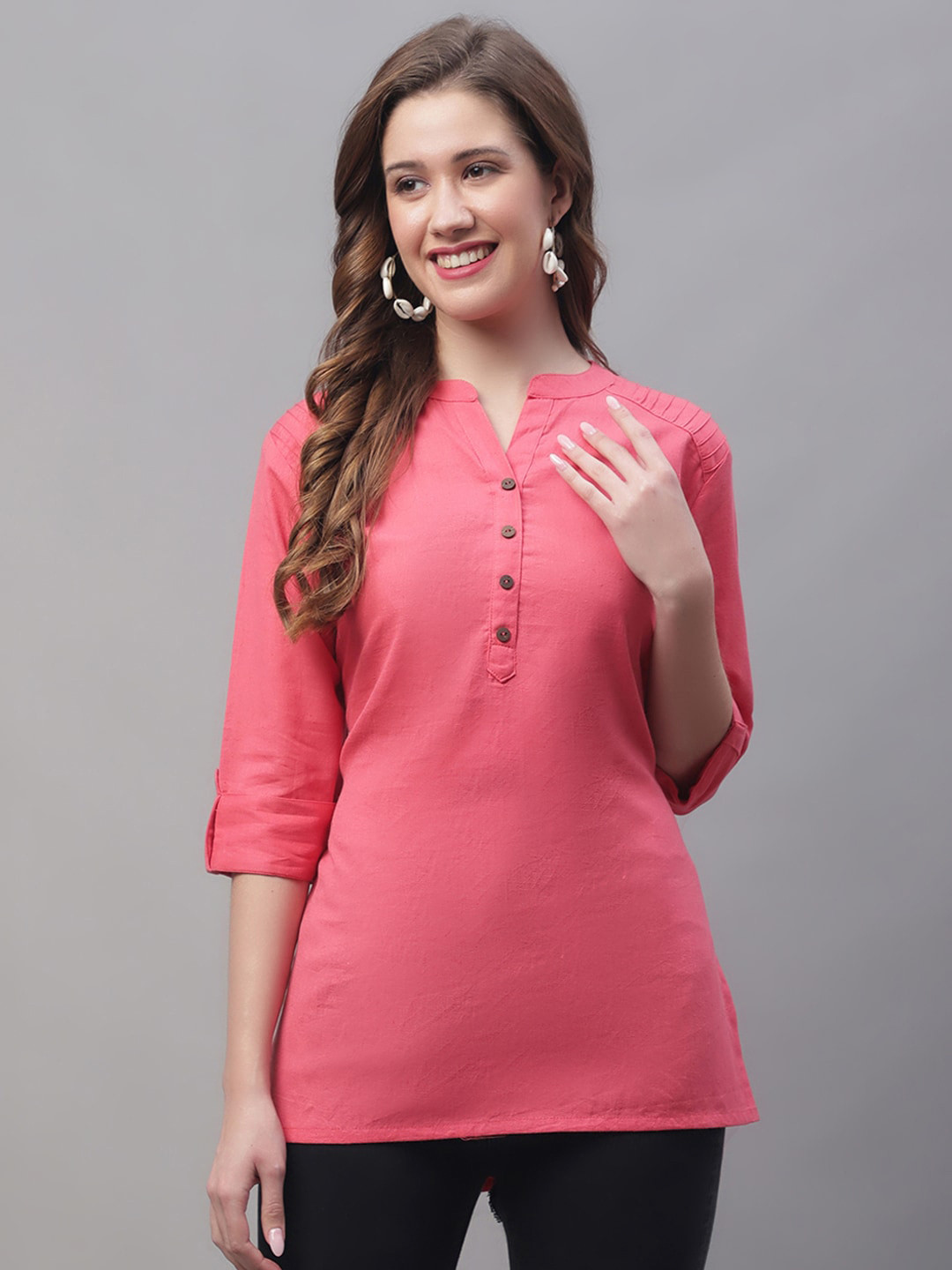 Pistaa Mandarin Collar High-Low Hem Pure Cotton Kurti