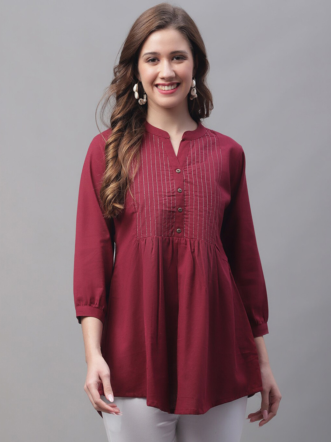Pistaa Mandarin Collar Pure Cotton A-Line Kurti