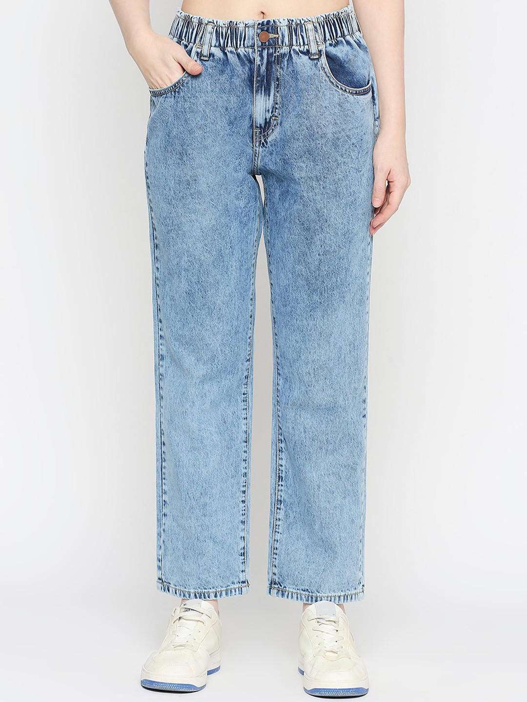 all about you Women Straight Fit High-Rise Heavy Fade Clean Look Cotton Jeans