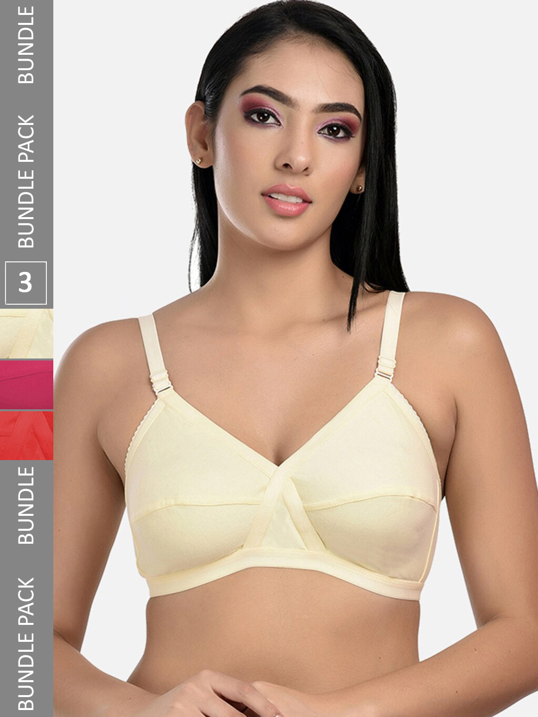 StyFun Pack of 3 All Day Comfort Full Coverage Bra LS_Cross_Bra_BeigePinkRed_B