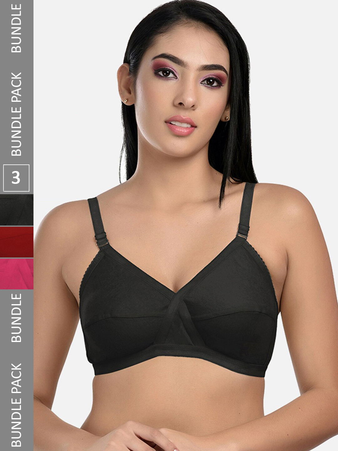 StyFun Pack of 3 All Day Comfort Full Coverage Bra LS_Cross_Bra_BlackPinkMaroon_B