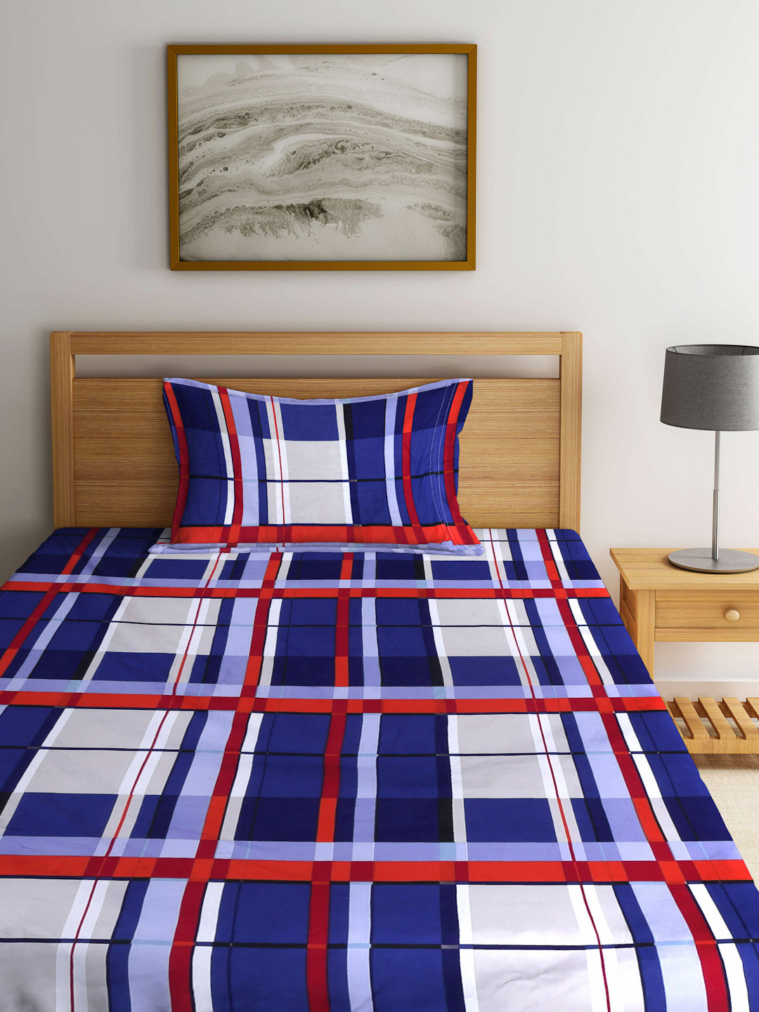 Arrabi Blue Geometric Polycotton 300 TC Fitted Single Fine Bedsheet with a Pillow Cover-35 x 79 inches