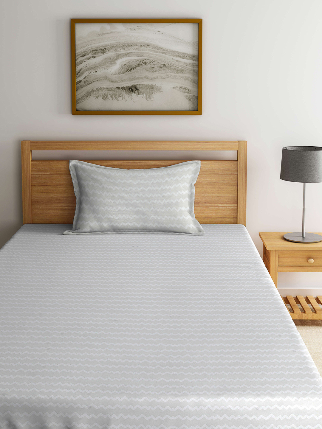 Arrabi Grey Chevron Polycotton Skin-Friendly 300 TC Fitted Single Fine Bedsheet with a Pillow Cover-85 x 59 inches