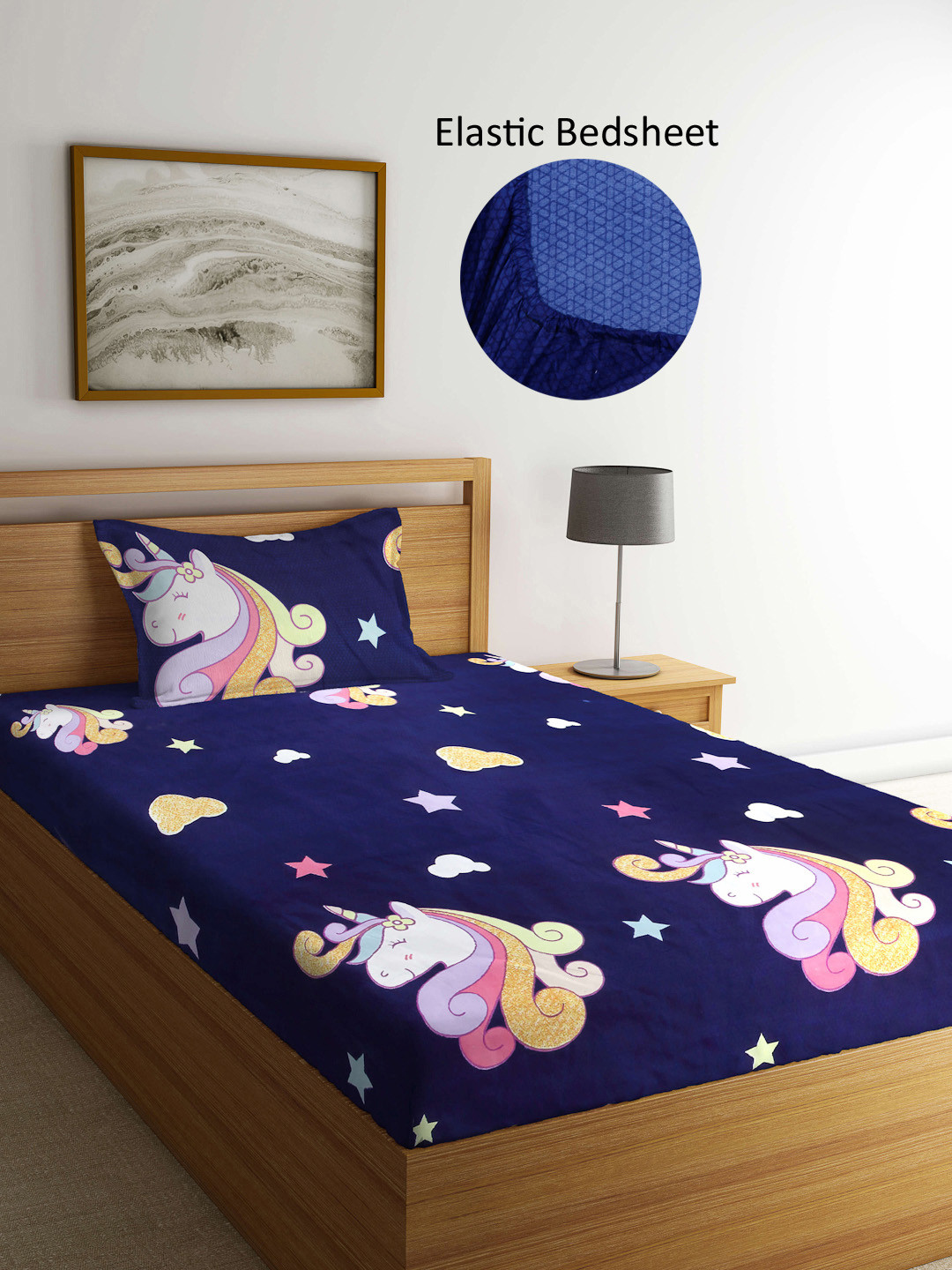 Arrabi Blue Cartoon Characters Polycotton Skin-Friendly 300 TC Fitted Single Fine Bedsheet with a Pillow Cover-90 x 60 inches