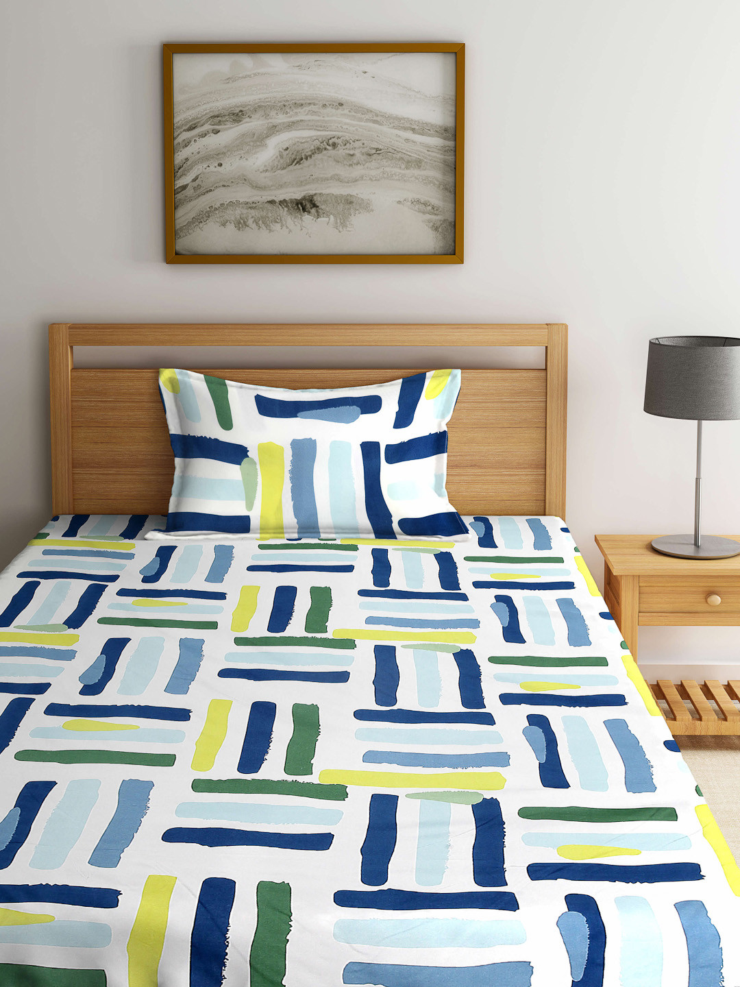 Arrabi White Abstract Cotton Skin-Friendly 300 TC Fitted Single Fine Bedsheet with a Pillow Cover-91 x 59 inches