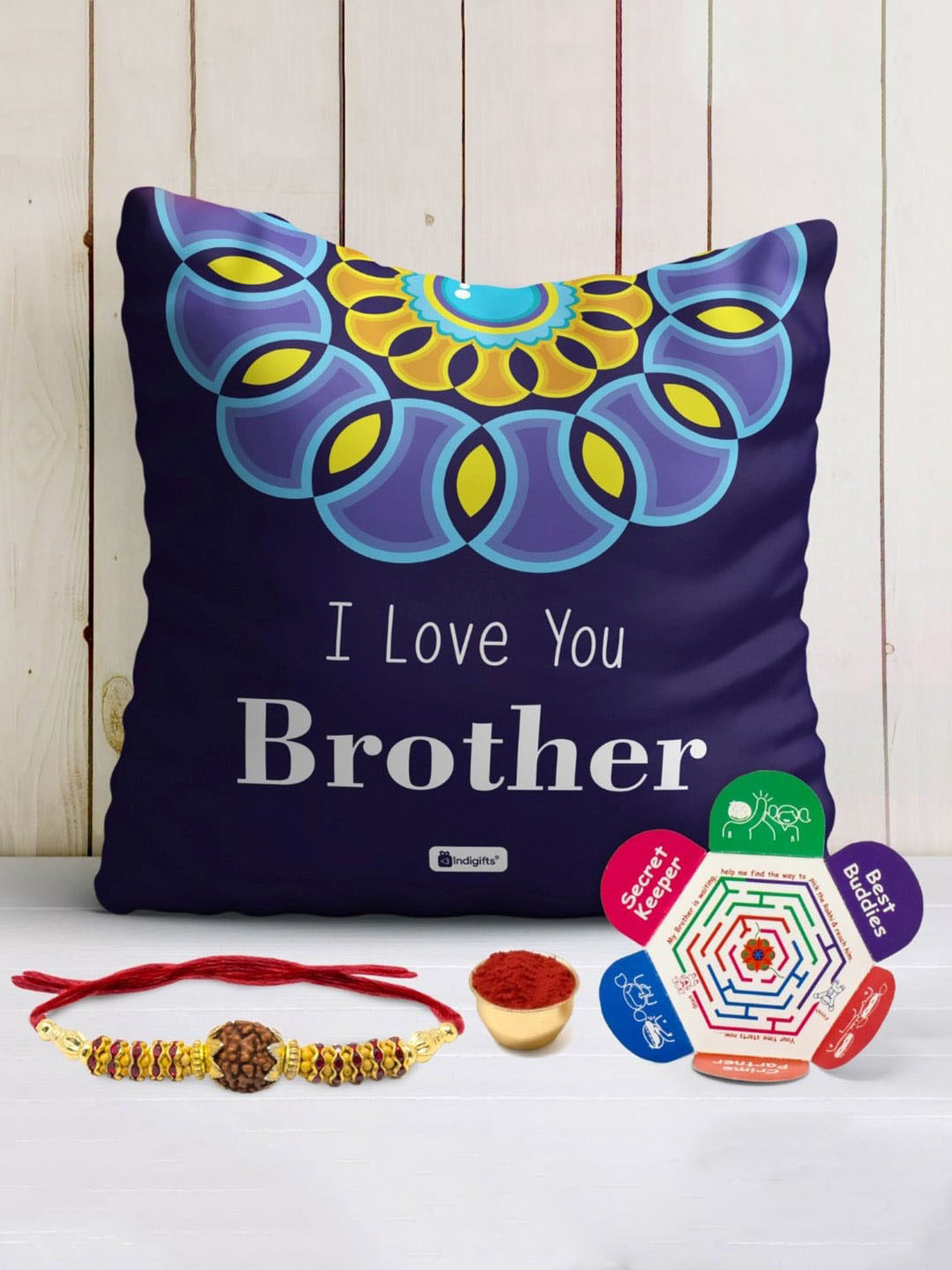 Indigifts Blue & Red I Love You Brother Printed Cushion and Rakhi Gift Set