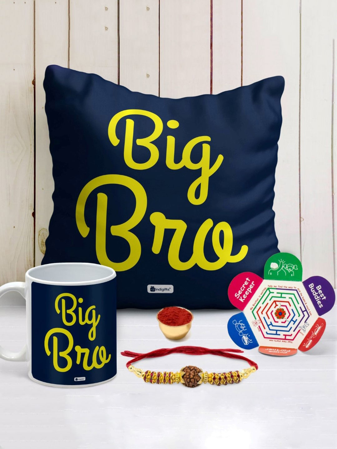 Indigifts Big Bro Printed Cushion, Mug & Rakhi Gift Set