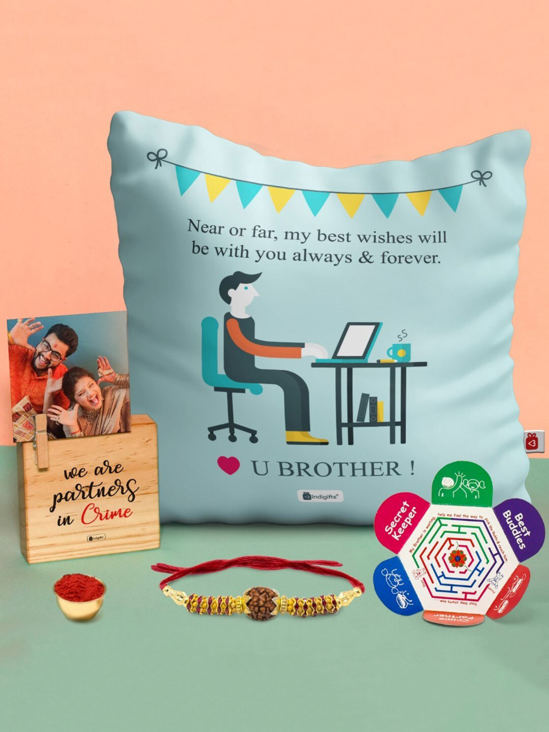 Indigifts Rakhi With Cushion & Wooden Photostand