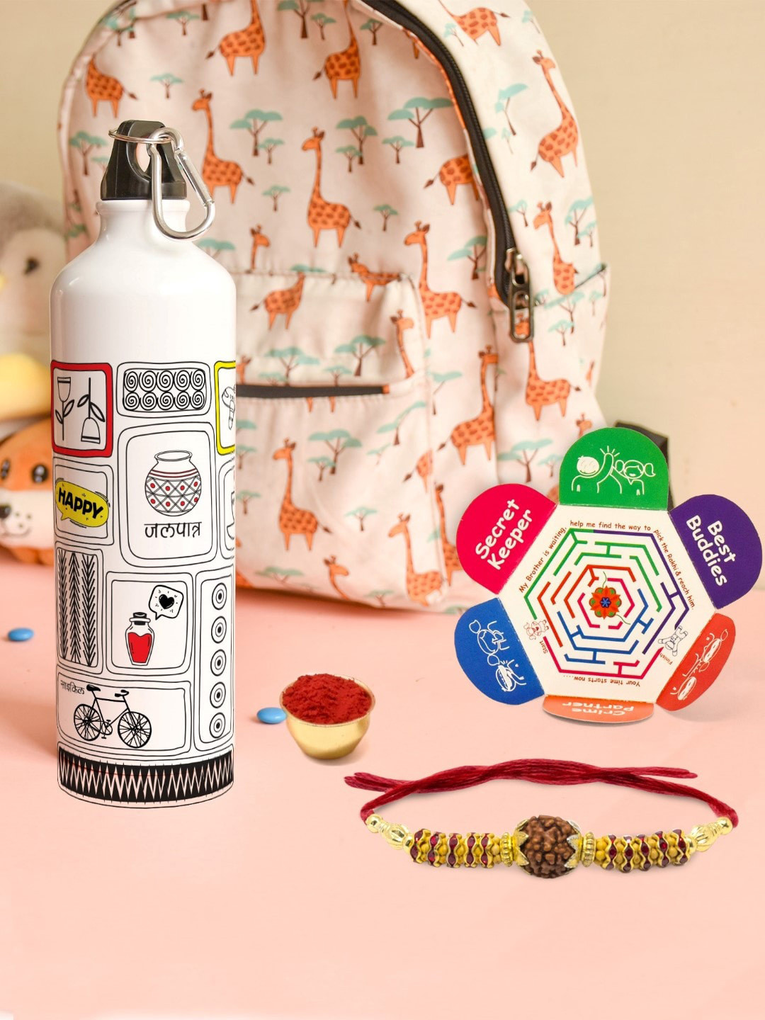 Indigifts White & Red Doodle Art Printed Aluminium Water Bottle and Rakhi Gift Set