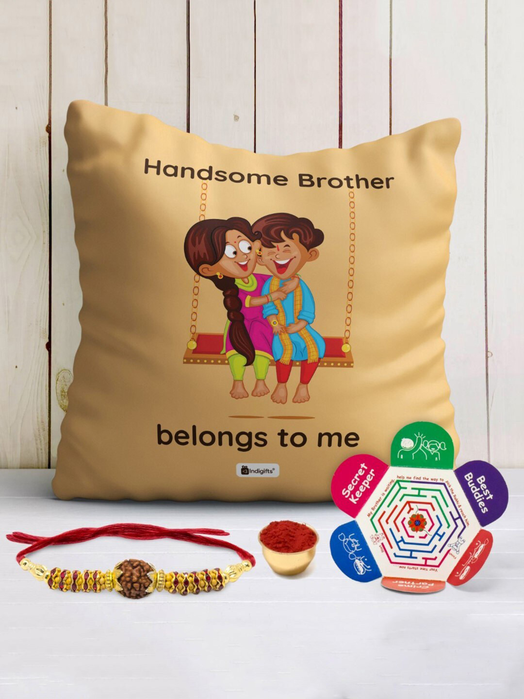 Indigifts Handsome Bro Belongs To Me Cushion & Rakhi Gift Set