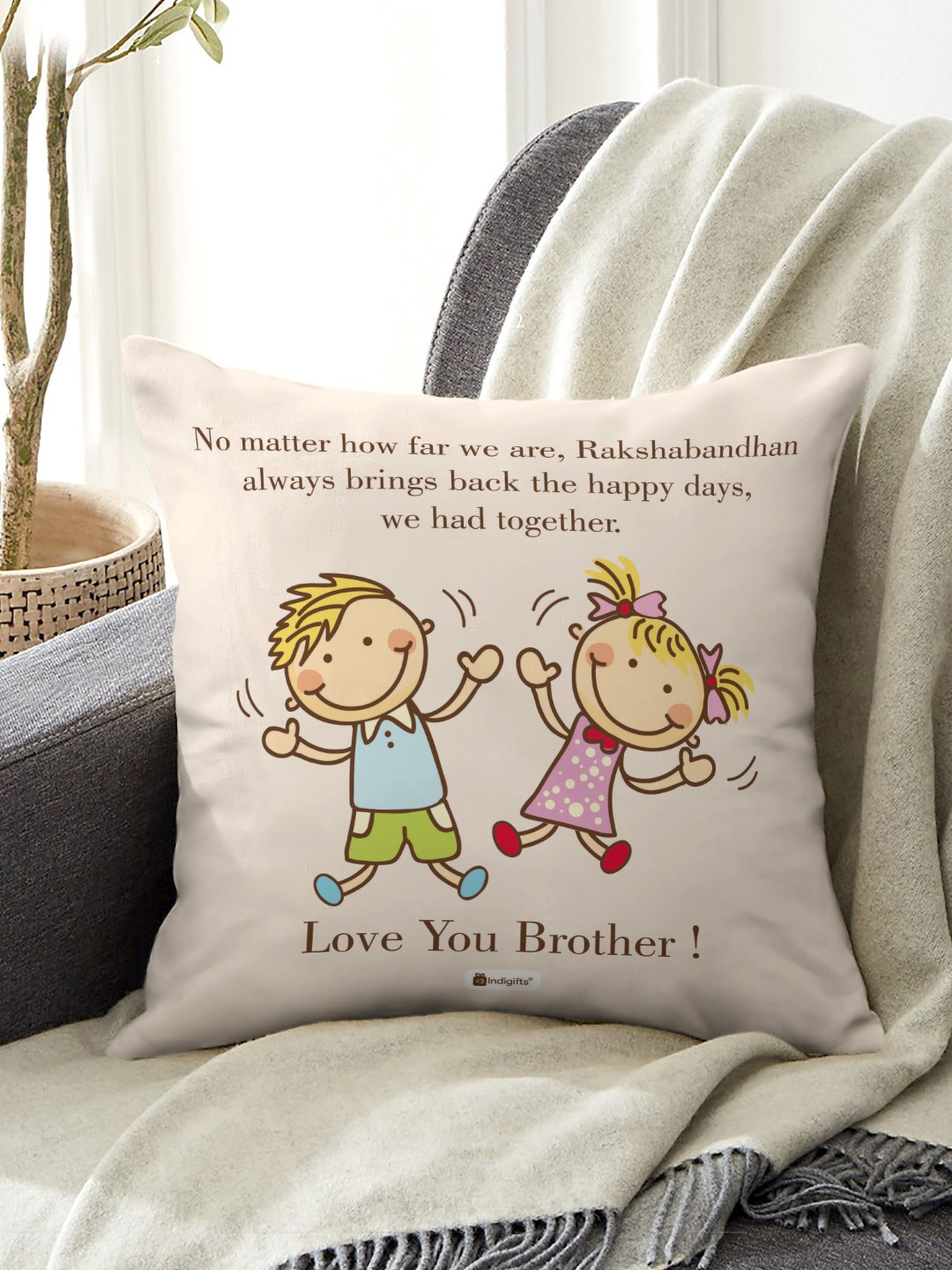 Indigifts Off White Far But Always Close Printed Cushion and Rakhi Gift Set