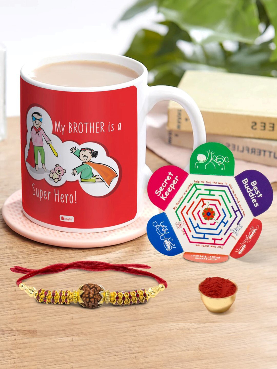 Indigifts My Brother Is A Superhero Printed Ceramic Coffee Mug and Rakhi Gift Set
