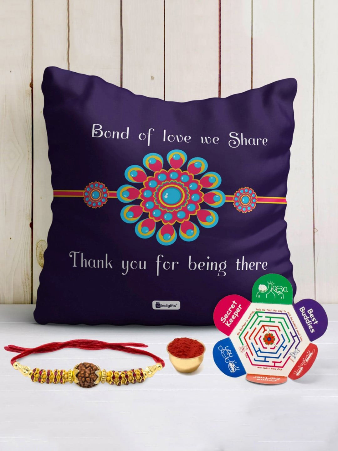 Indigifts Rudraksha Rakhi With Printed Cushion