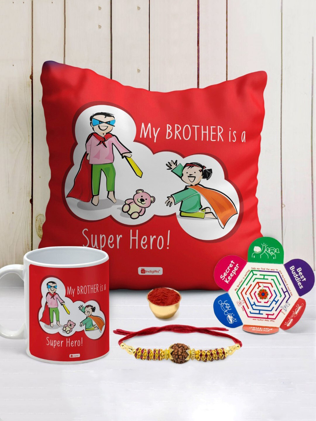 Indigifts My Brother Is A Super Hero Printed Cushion , Mug And Rakhi Gift Set