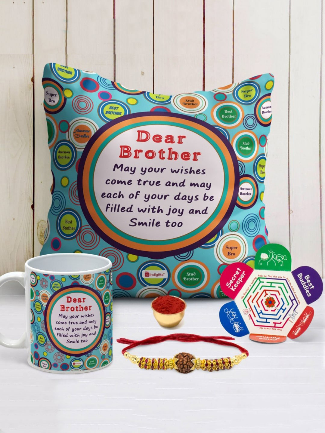 Indigifts Dear Brother Quote Printed Cushion With Coffee Mug & Rakhi