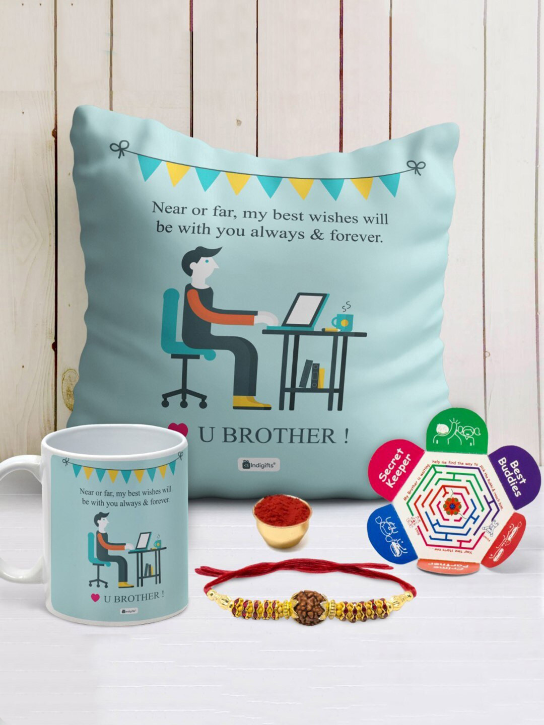 Indigifts Raksha Bandhan Best Wishes Quote Printed Cushion Ceramic Coffee Mug & Rakhi