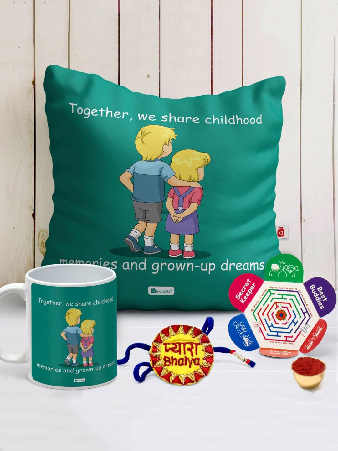 Indigifts Set Of 3 Green Childhood Memories Quote Printed Cushion With Ceramic Mug & Rakhi