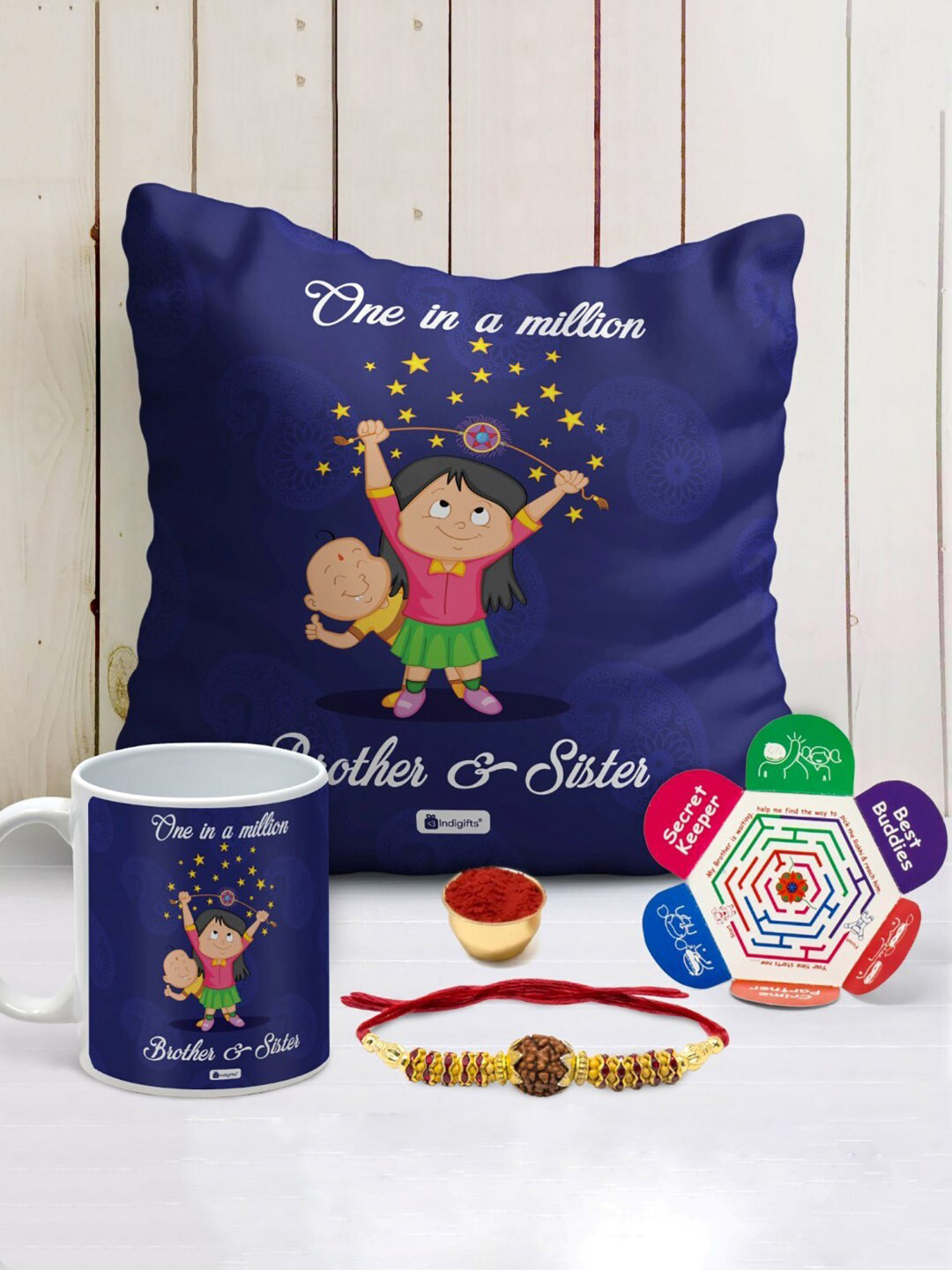Indigifts One In A Million Brother Sister Printed Cushion Mug & Rakhi